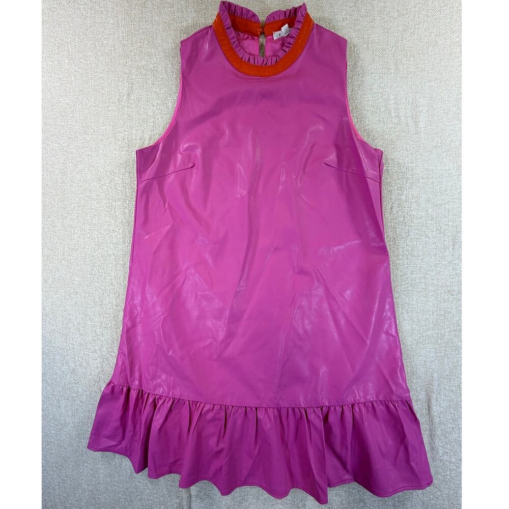 THML Women Medium Pink NWT Ruffle Neck Faux Leather Retro 60s Mini Dress Mod